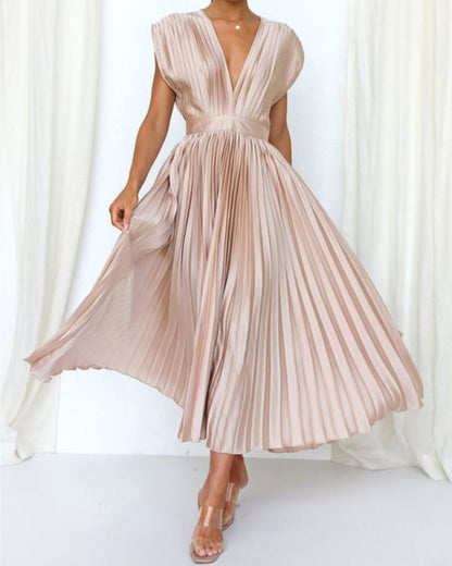 💃Timeless Elegance: Draped V-Neck Pleated Skirt Dress