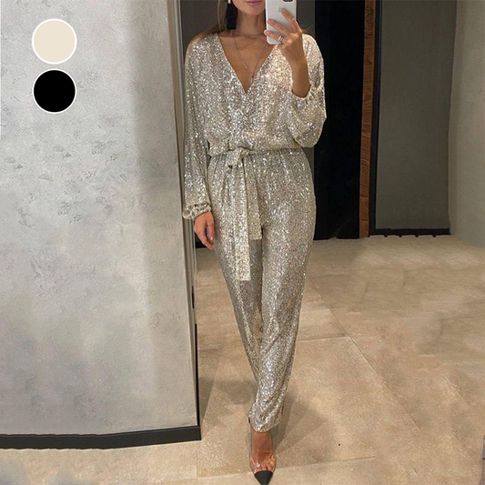 Women's Sparkly V Neck Belted Jumpsuit