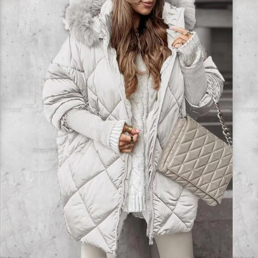 Women’s Winter Fashionable Mid-length Parka Coat with Knit Sleeves Patchwork