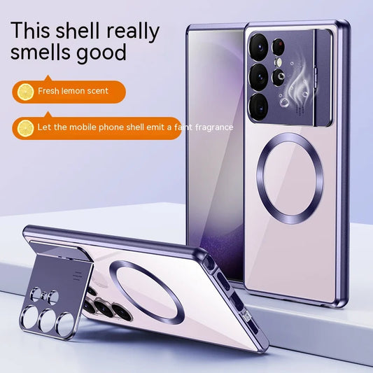 Luxury Aromatherapy 2-in-1 Metal Frame with Lock Foldable Lens Kickstand Magnetic Charging Transparent Phone Case for Samsung
